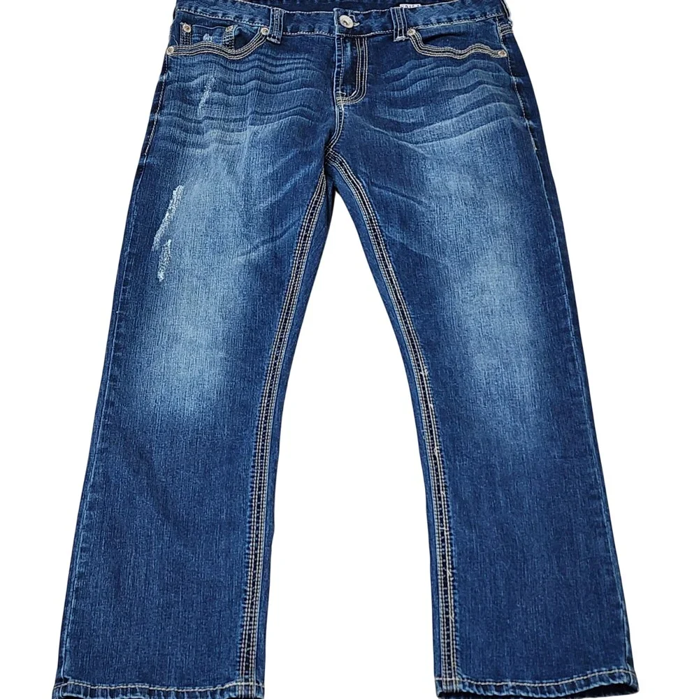 Seven7 Straight Jeans Mens 34x29 Blue Medium Wash Distressed Stretch Denim